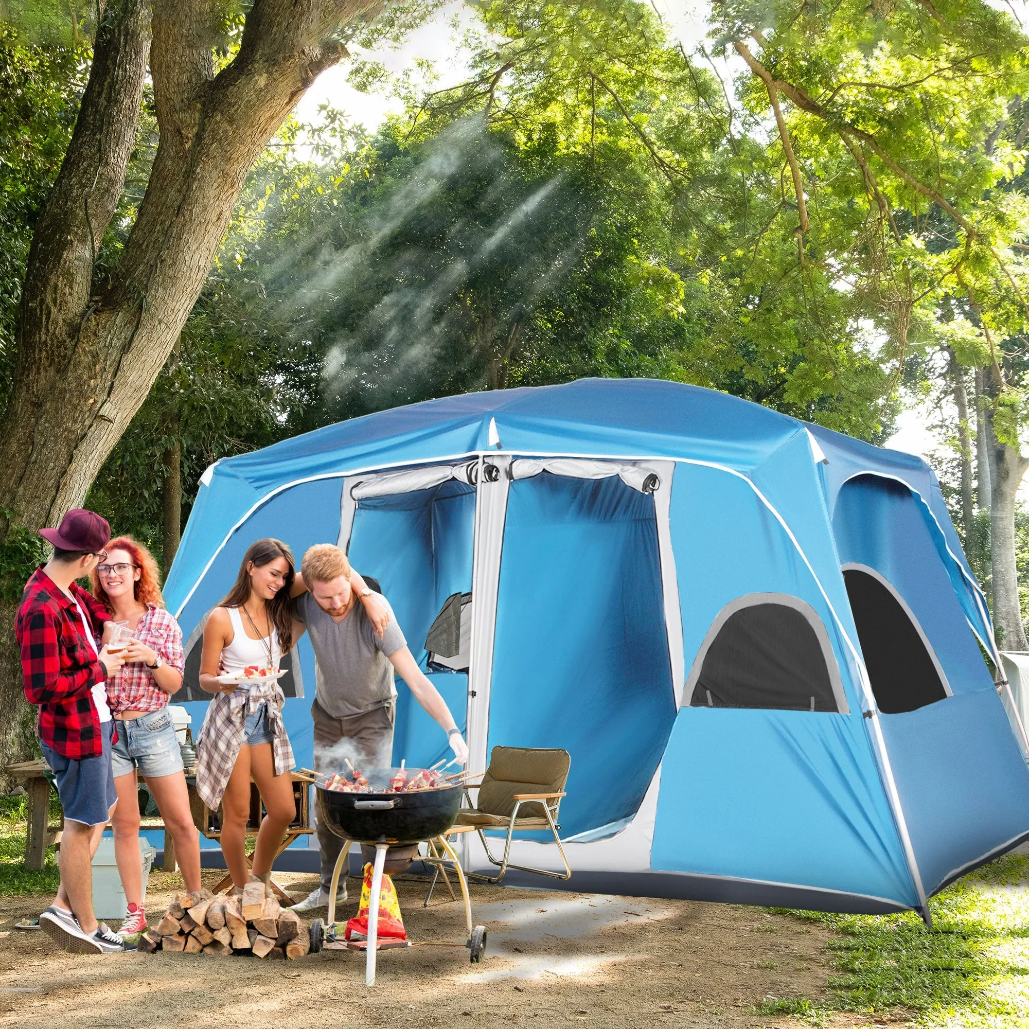 4-8 Person Camping Tent Family Tent with 2 Room Mesh Windows Easy Set Up for Backpacking Hiking Outdoor Blue