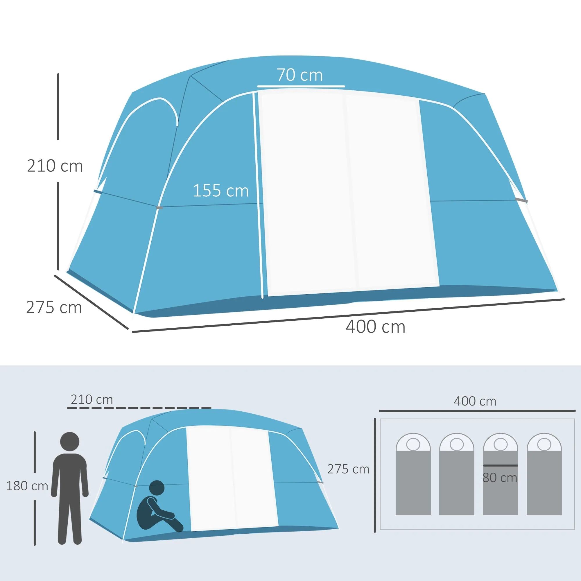 4-8 Person Camping Tent Family Tent with 2 Room Mesh Windows Easy Set Up for Backpacking Hiking Outdoor Blue
