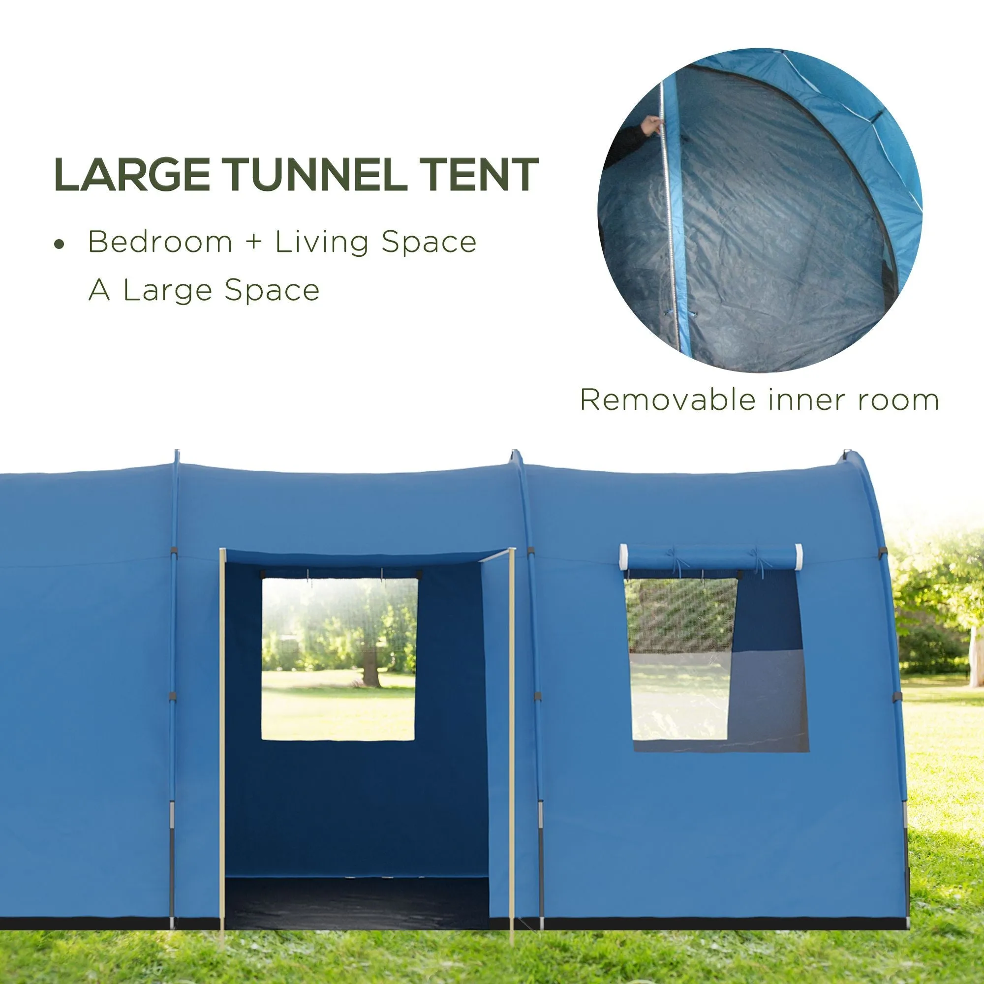 5-6 Man Tunnel Tent Two Room Camping Tent with Sewn-In Floor 2 Doors and Carry Bag 2000mm Water Column for Fishing Hiking Sports