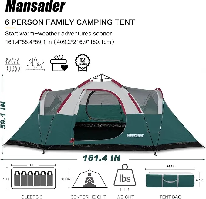 6 Person Family Camping Tent,Waterproof Windproof with Top Rainfly,Easy Set Up,Pop Up Tent for Outdoor Camping Hiking Travel