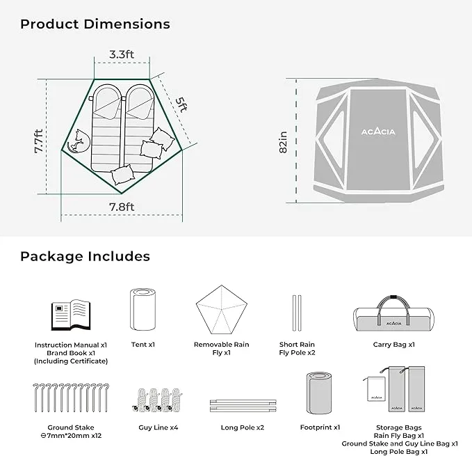 ACACIA Camping Tent, 2-3 Person Pop Up Camping Tent with 8 Windows and Footprint, Waterproof Windproof Easy Setup Hub Tent for Family Camping, Hiking and Glamping