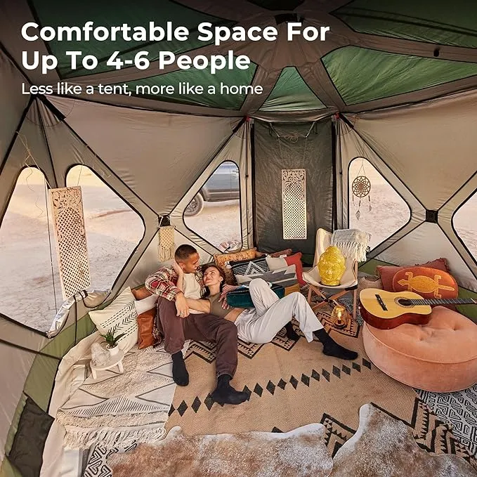 ACACIA Space Camping Tent XL, 4-6 Person Large Family Tent with 6'10'' Height, 2 Doors, 8 Windows, Waterproof Pop Up Easy Setup Hub Tent with Rainfly, Footprint for Car Camping, Glamping, Cocoa