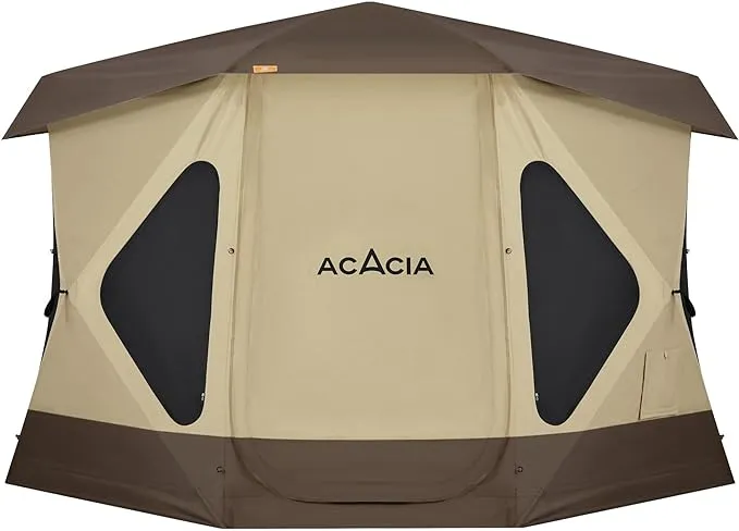 ACACIA Space Camping Tent XL, 4-6 Person Large Family Tent with 6'10'' Height, 2 Doors, 8 Windows, Waterproof Pop Up Easy Setup Hub Tent with Rainfly, Footprint for Car Camping, Glamping, Cocoa