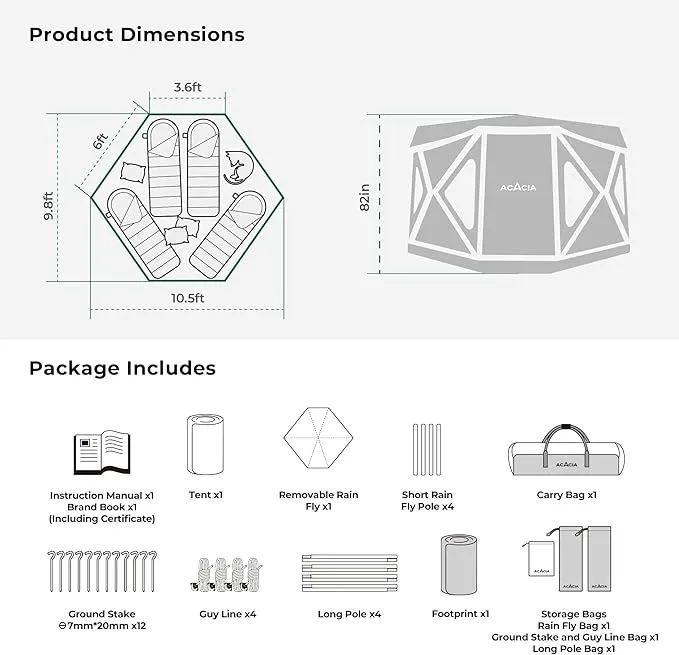 ACACIA Space Camping Tent XL, 4-6 Person Large Family Tent with 6'10'' Height, 2 Doors, 8 Windows, Waterproof Pop Up Easy Setup Hub Tent with Rainfly, Footprint for Car Camping, Glamping, Pistachio