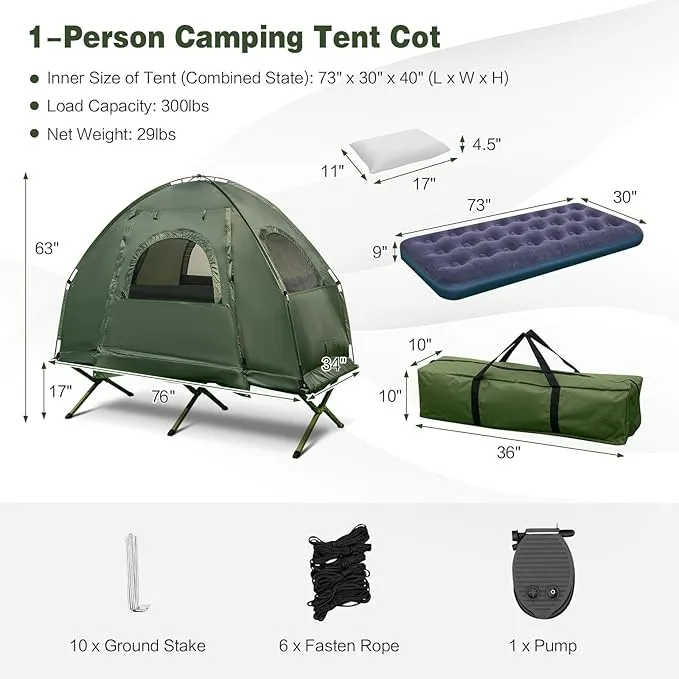 BANGTANE Tent Cot for Camping, All-in-1 Folding Tent Combo w/Air Mattress, 2 Sleeping Bags, Carry Bag & Foot Pump, Off Ground Travel Cot for Hiking, Backpacking, Fishing & Picnic