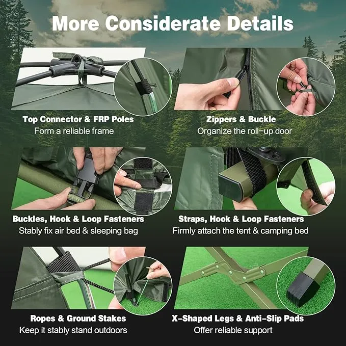 BANGTANE Tent Cot for Camping, All-in-1 Folding Tent Combo w/Air Mattress, 2 Sleeping Bags, Carry Bag & Foot Pump, Off Ground Travel Cot for Hiking, Backpacking, Fishing & Picnic