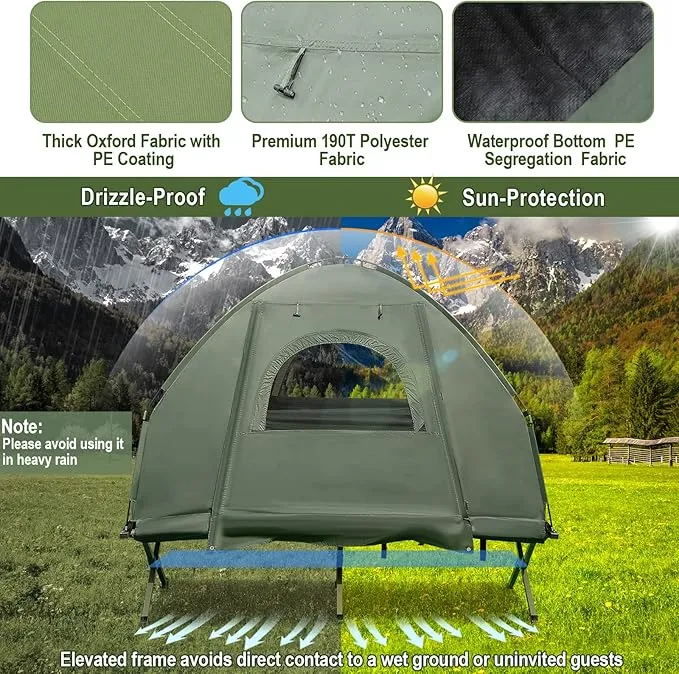 BANGTANE Tent Cot for Camping, All-in-1 Folding Tent Combo w/Air Mattress, 2 Sleeping Bags, Carry Bag & Foot Pump, Off Ground Travel Cot for Hiking, Backpacking, Fishing & Picnic