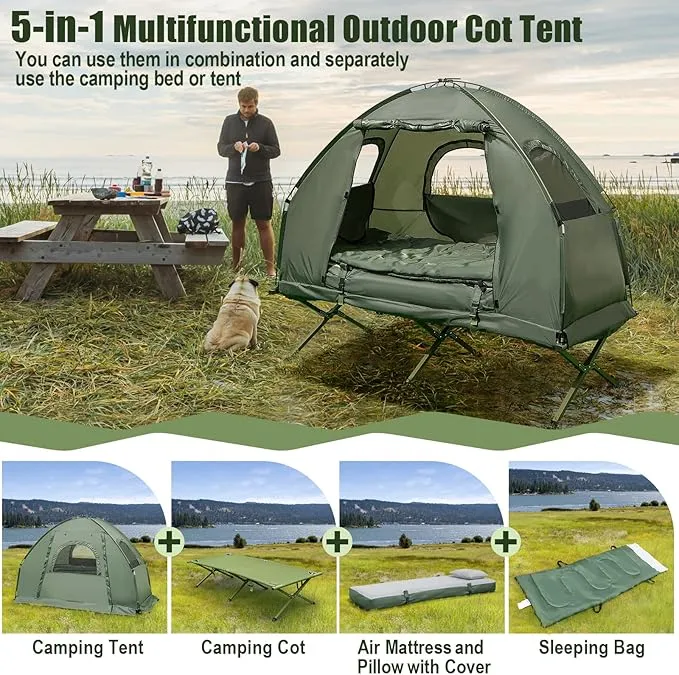 BANGTANE Tent Cot for Camping, All-in-1 Folding Tent Combo w/Air Mattress, 2 Sleeping Bags, Carry Bag & Foot Pump, Off Ground Travel Cot for Hiking, Backpacking, Fishing & Picnic