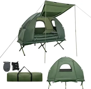 BANGTANE Tent Cot for Camping, All-in-1 Folding Tent Combo w/Air Mattress, 2 Sleeping Bags, Carry Bag & Foot Pump, Off Ground Travel Cot for Hiking, Backpacking, Fishing & Picnic