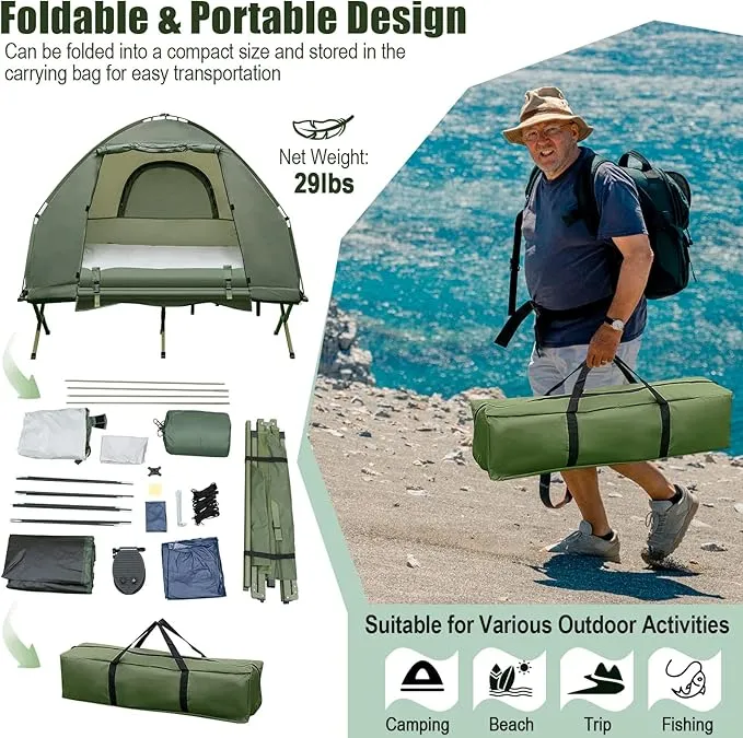 BANGTANE Tent Cot for Camping, All-in-1 Folding Tent Combo w/Air Mattress, 2 Sleeping Bags, Carry Bag & Foot Pump, Off Ground Travel Cot for Hiking, Backpacking, Fishing & Picnic