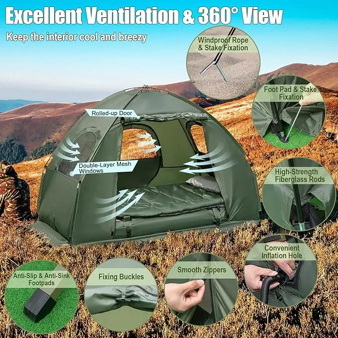 BANGTANE Tent Cot for Camping, All-in-1 Folding Tent Combo w/Air Mattress, 2 Sleeping Bags, Carry Bag & Foot Pump, Off Ground Travel Cot for Hiking, Backpacking, Fishing & Picnic