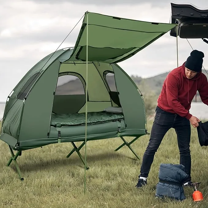 BANGTANE Tent Cot for Camping, All-in-1 Folding Tent Combo w/Air Mattress, 2 Sleeping Bags, Carry Bag & Foot Pump, Off Ground Travel Cot for Hiking, Backpacking, Fishing & Picnic